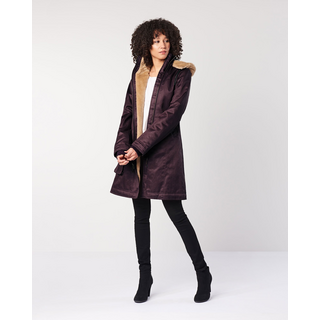 Ladies Long Coat Hemp Hoodlamb aubergine - brown satisfur L