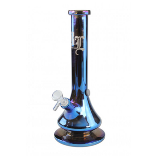 BL Neverland Glasbong Beaker+Rundfuss, Rainbow-Effekt blau, WS 5mm, h 35cm NS14/19 Inside Cut, 3-Arm-Diffusor