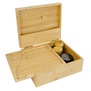 Bambus Aufbewahrungsbox inklusive Rolling Tray, CNC Grinder+Sieb und Glasbehlter. 25x21,5x10,5cm