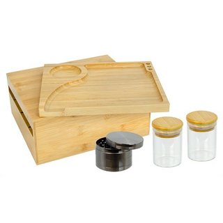 Bambus Aufbewahrungsbox inklusive Rolling Tray, CNC Grinder+Sieb und Glasbehlter. 25x21,5x10,5cm