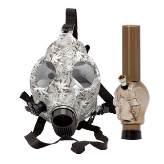 Gas-Maske mit Acrylpfeife Skull, grenverstellbar, Design Leafs grey